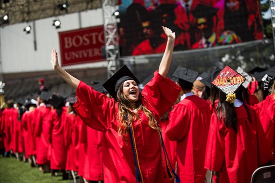 Class of 2017 graduating senior Anai Sanchez celebrates during the 2017 BU Commencement ceremony