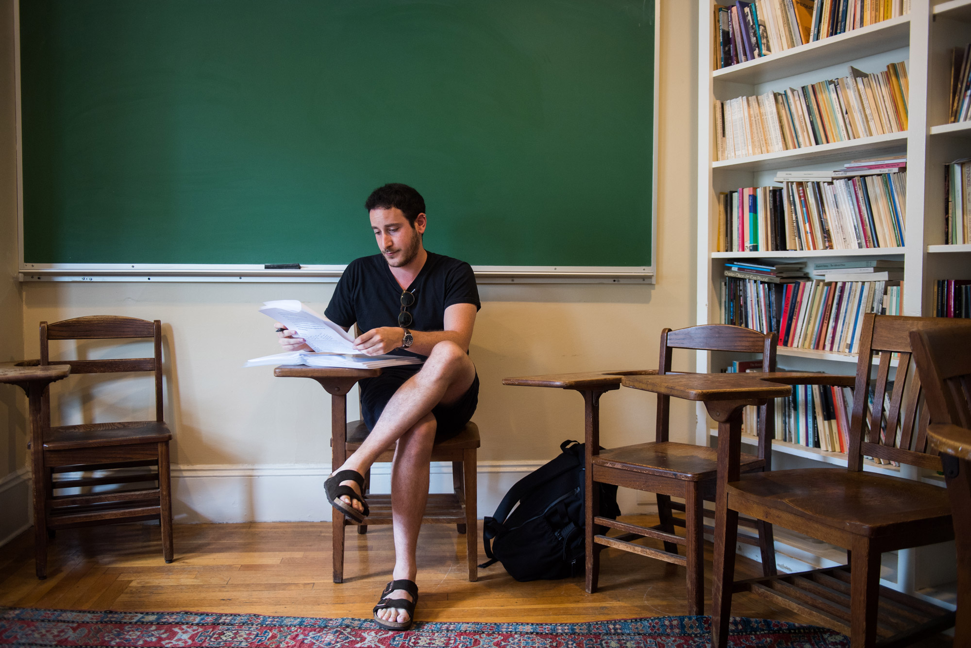 A student works in a classroom