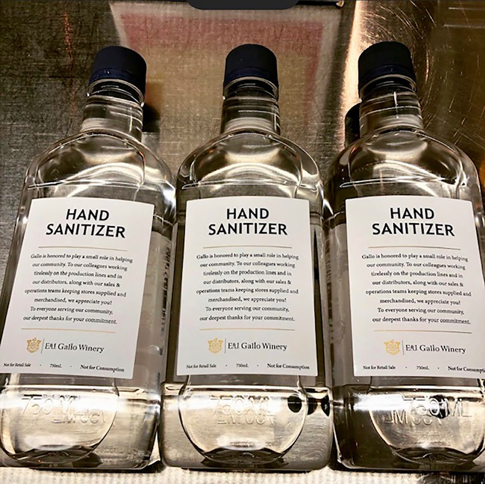 Photo of Gallo sanitizer in clear bottles with black caps. Modesto, Calif.–based E & J Gallo Winery converted a hand-bottling line in its spirits plant to make its own hand sanitizer. By the time production ceased in late May, the company had produced more than 100,000 units of the product.
