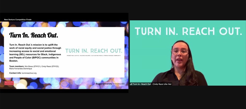 A screenshot that reds "Tune In. Reach out." Cindy Rassi, who leds the organizattion, is pictured on screen.