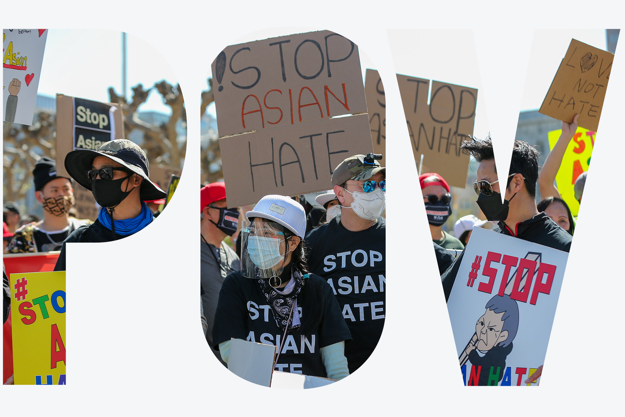Photo of William Guo, left, Francis Kwok, Henry Lei, right, all of Alameda, and about a thousand demonstrators listen to speakers during an anti-Asian American hate march and rally at San Francisco City Hall in San Francisco, Calif., on Saturday, March 27, 2021. The march, organized by the Chinese Consolidated Benevolent Association, started at city hall and ended at Union Square. They are dressed in fall clothing, many in black t-shirts that say "Stop Asian Hate" and face masks, and cardboard protest signs. Overlay reads "POV"