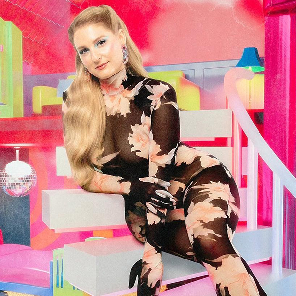 Album Cover shows photo of Meghan Trainor posing in a black floral dress in a bright, neon-themed room of pinks and yellows. Text reads "M-Train".