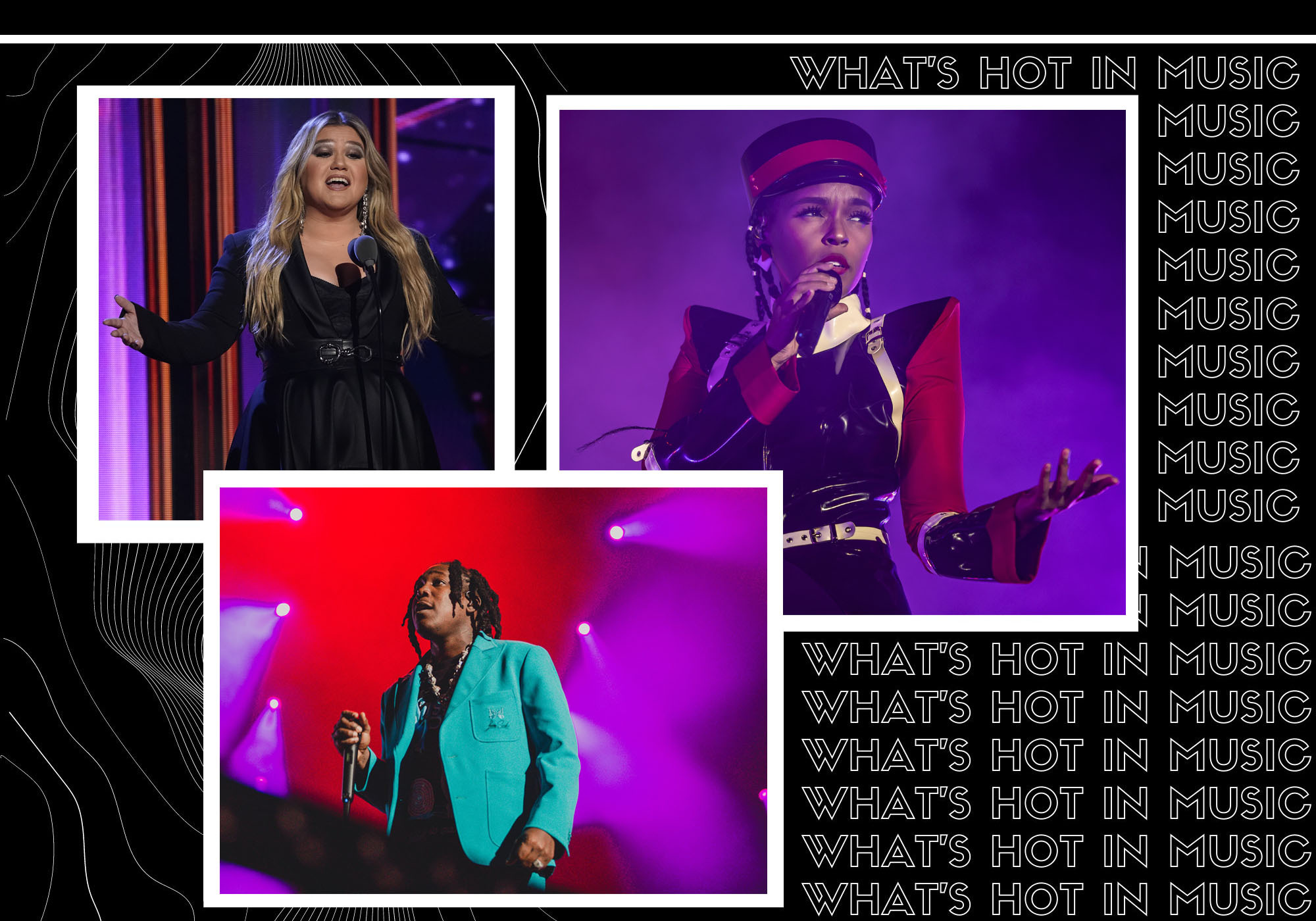 Photo: Composite of three images in a frame with a black background and text that reads WHATS HOT IN MUSIC down the right side of the image. The three images are of Kelly Clarkson, a white woman with long blonde hair, the next a Black woman, Janelle Monae, wearing a steam punk outfit with red, black, and white coloring. And 没有生活, a Black man with a blue blazer behind red and purple lights.