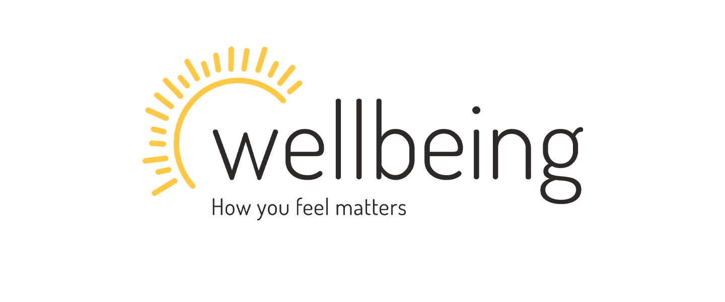 Image: A white half sun illustration is shown over the word "wellbeing". In smaller text beneath them reads "How you feel matters". Logo sits on a white background.