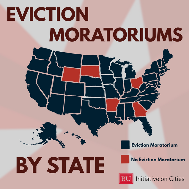 Eviction moratoriums by state. Only Arkansas, Georgia, Ohio, South Dakota, and Wyoming have not developed eviction moratoriums.