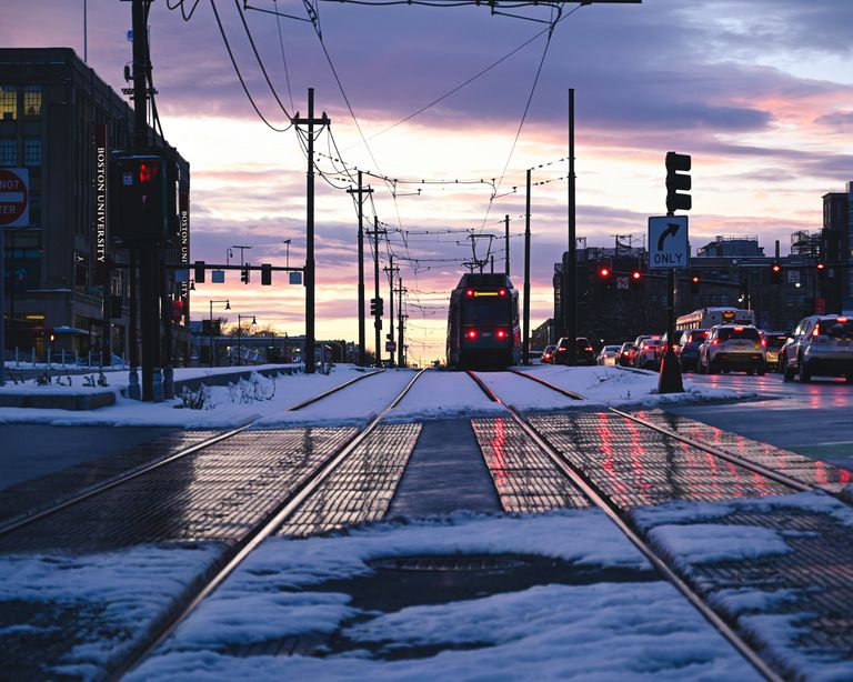Train at sunset on Commonwealth Avenue