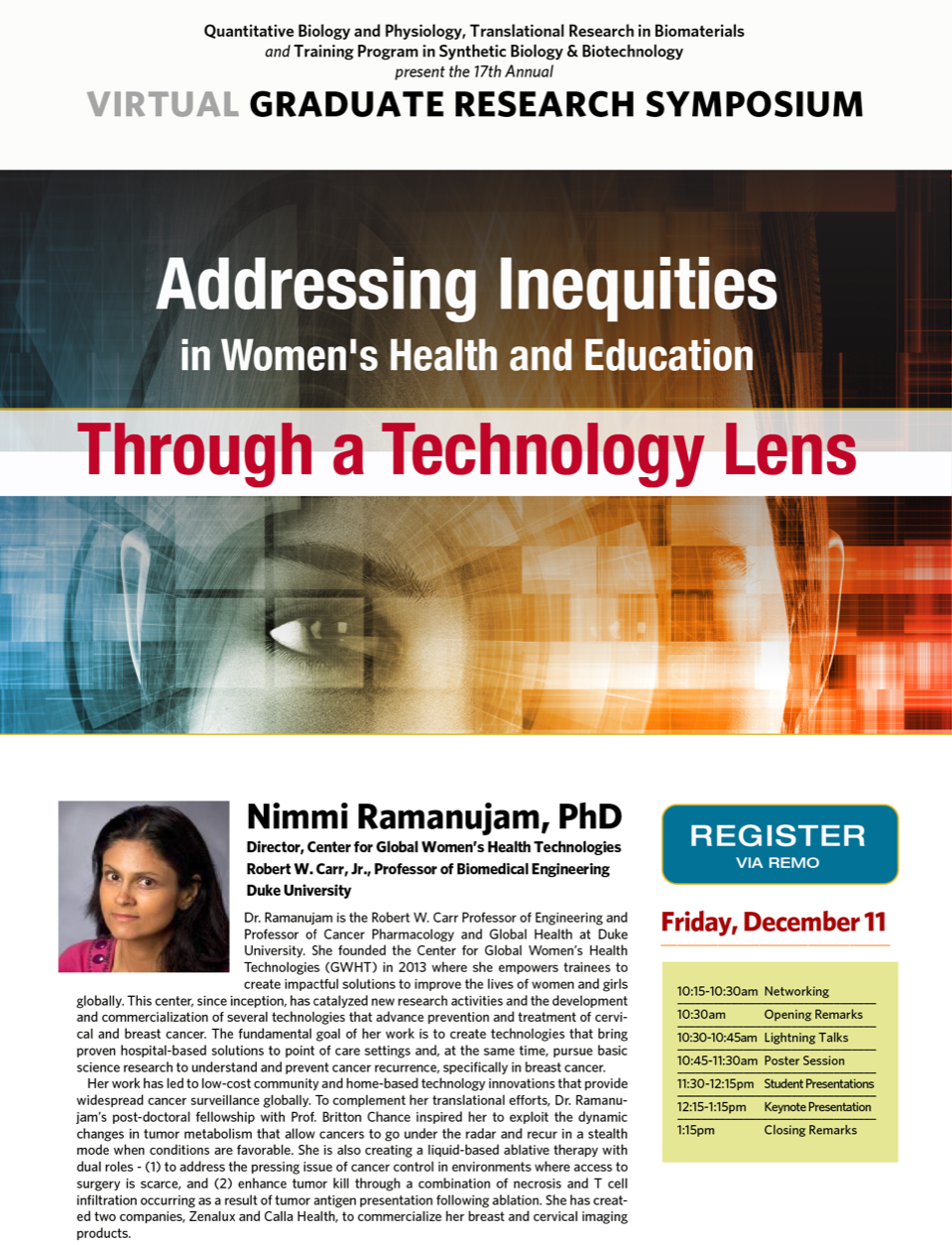 A flyer advertising the 2020 TRB-QBP-SB2 Symposium. The main theme is "addressing inequities in women's health and education through a technology lens.