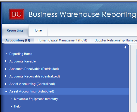 Screenshot of menu in BU Business Warehouse Reporting