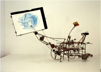 图1所示。 Jean Tinguely, Cyclograveur, 1961。 焊接废金属,自行车元件,金属板,鼓和铙钹,书。 225 × 410 × 110厘米。 Kunsthaus苏黎世。