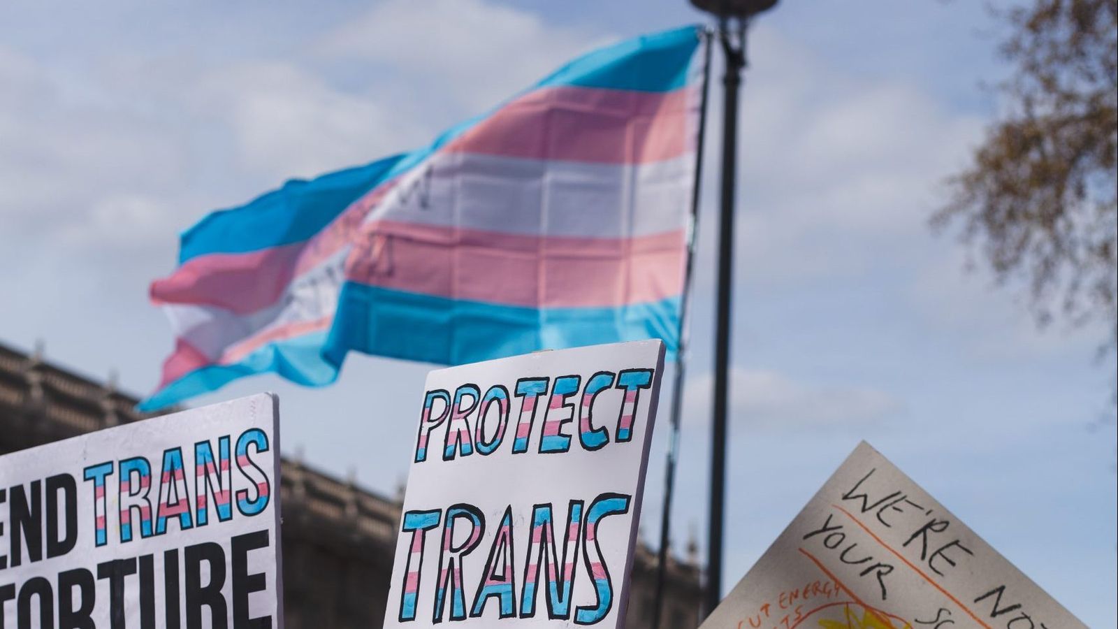 a trans flag at a protest
