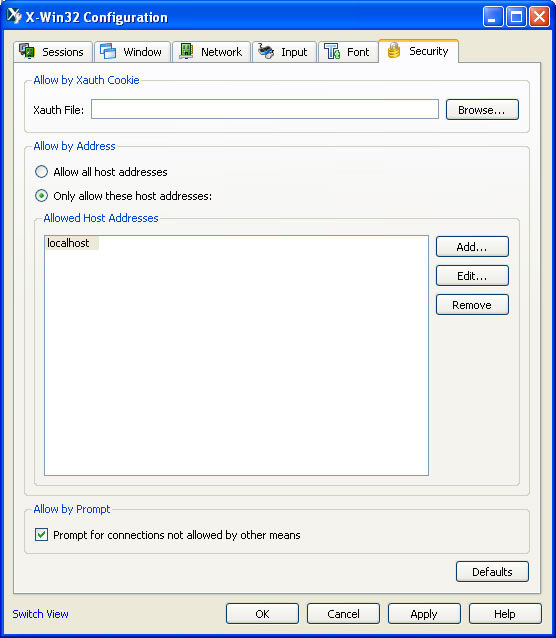 Example of a properly configured x-win32 security tab.