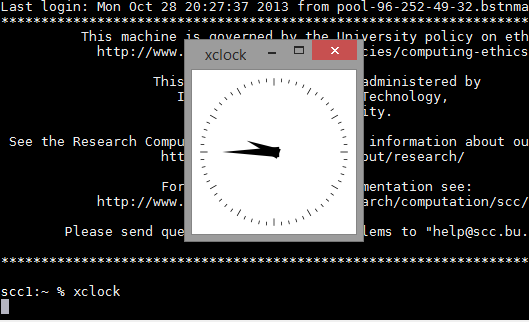 New window displays analog clock on black background with white command codes.