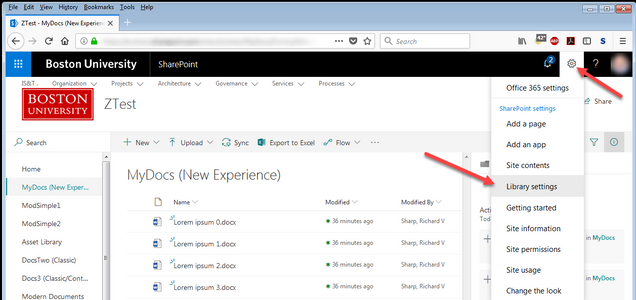 On SharePoint Document Library's interface, access settings by clicking on the gear icon located at the top left corner. Then select Library Settings from the dropdown menu.