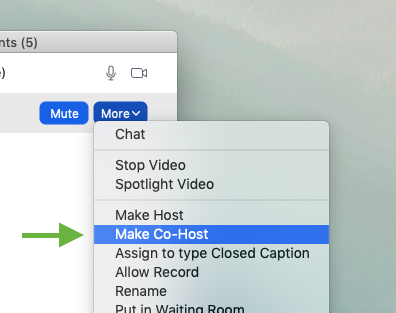 Zoom participant options menu with "make co-host" highlighted