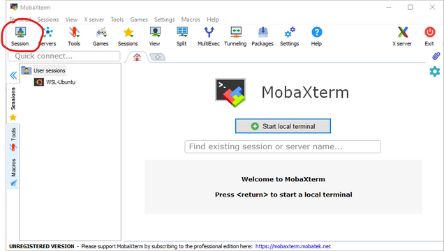 Click on the Sessions icon in the top right corner of MobaXTerm Local Terminal to connect to SCC.