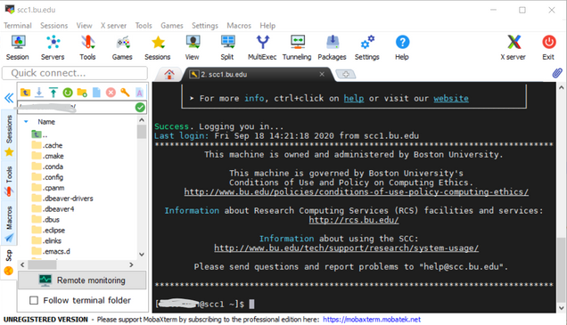 The BU header output will appear on the screen, stating "scc1.bu.edu. Click on help or visit our website for more details."