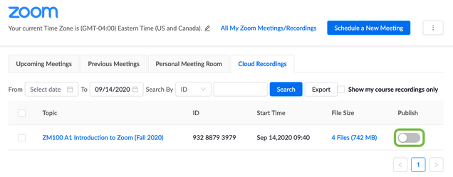 Screenshot of Zoom for Blackboard integration with publish button highlighted for a recording