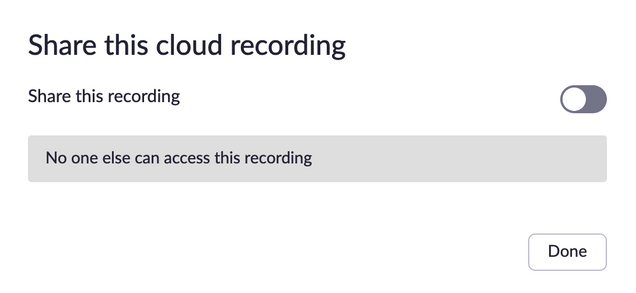 Screenshot of Zoom recording permissions with sharing disabled