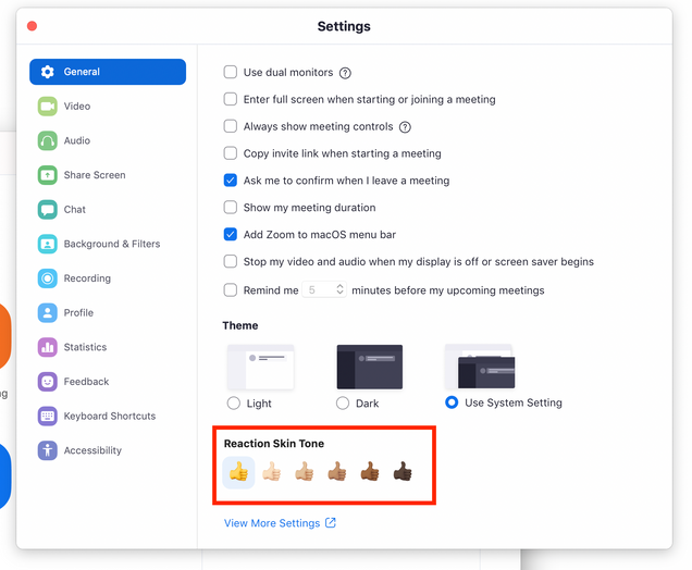 Zoom desktop app settings window, with the reaction skin tone section highlighted
