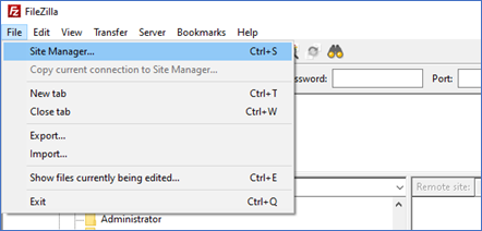 Click on "File" at the top left of the toolbar and choose "Site Manager" from the dropdown options.