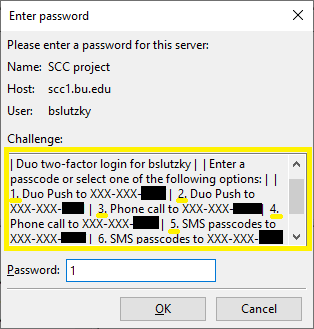 In the gray password box, select a number from the white box to indicate your preferred method of Duo connection.