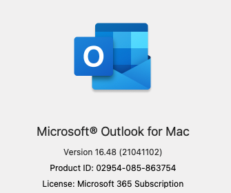 Screenshot of the About Outlook window on an affected version