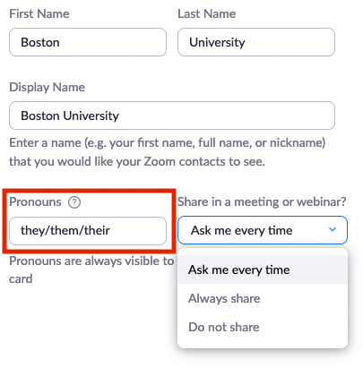 Screenshot of editing the Zoom profile page with the Pronouns field highlighted and sharing dropdown expanded to show all options.