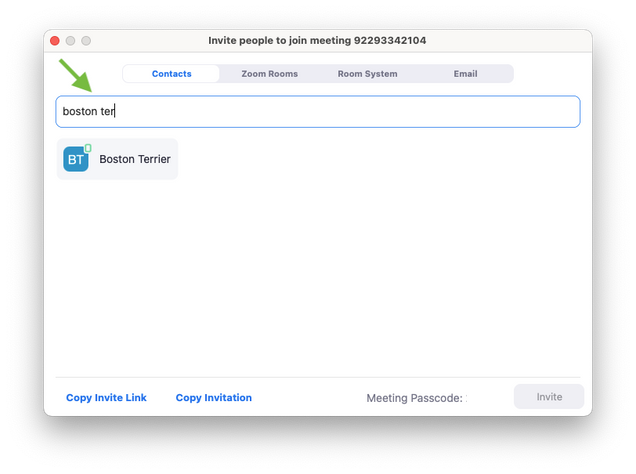 Screenshot of invite to meeting prompt with arrow pointing to search field
