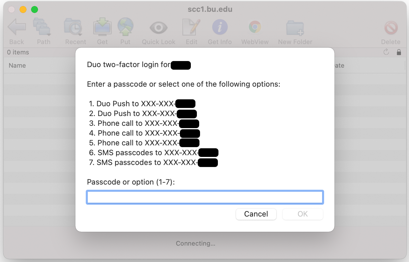Use the white box to complete Duo two-factor authentication. Enter a passcode or select from 1-7 contact options.