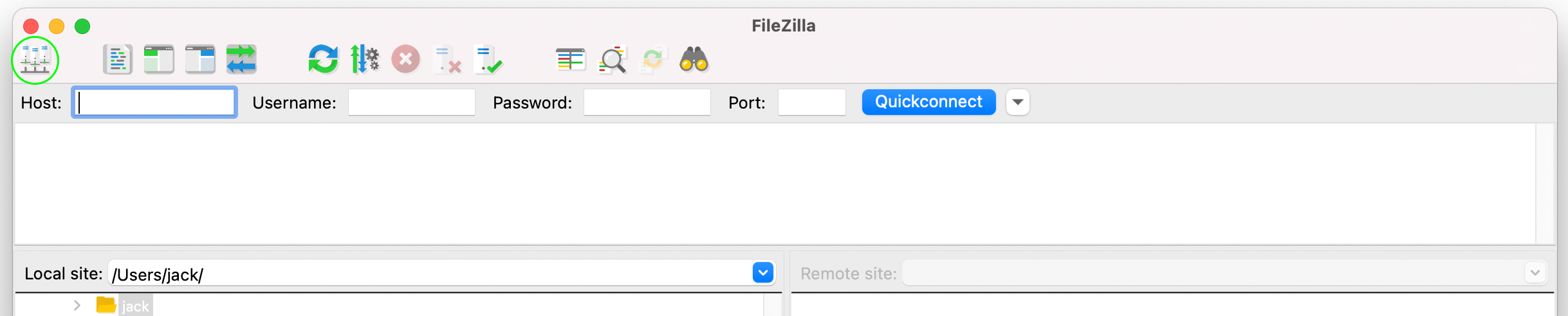 Enter host, username, password, and port information in the four white labeled rectangles found from left to right in the site manager interface.