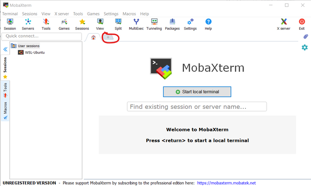 The MobaXTerm Local Terminal icon is positioned below the top toolbar, slightly towards the right-hand side.