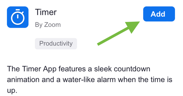 Screenshot of a Zoom App's information overview with an arrow pointing to the Add button