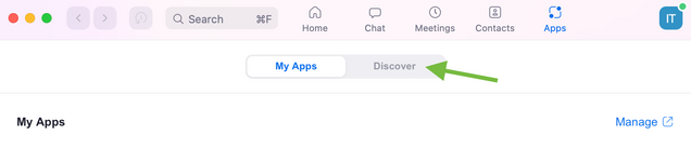 Screenshot of the Zoom app with the Apps tab visible. An arrow is pointing to the Discover tab.
