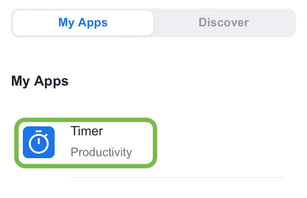 Screenshot of the list of available Zoom Apps in the meeting with an example app, Timer, highlighted