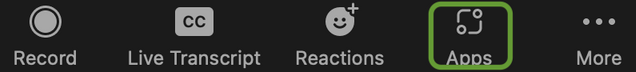 Screenshot of the Zoom meeting control bar with the Apps button highlighted