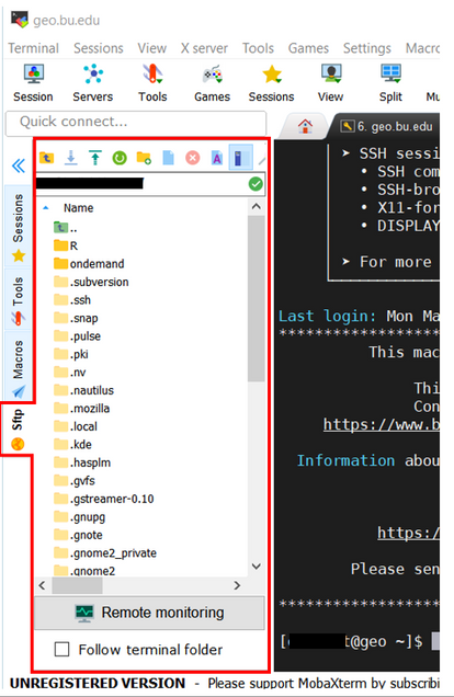 Access the SCC remote session via SSH. Use its graphical SFTP browser on the left sidebar to drag and drop files securely to/from the SCC. 