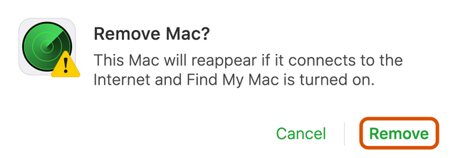 Screenshot of the "Remove Mac" confirmation prompt. At the bottom, the Remove button is highlighted.