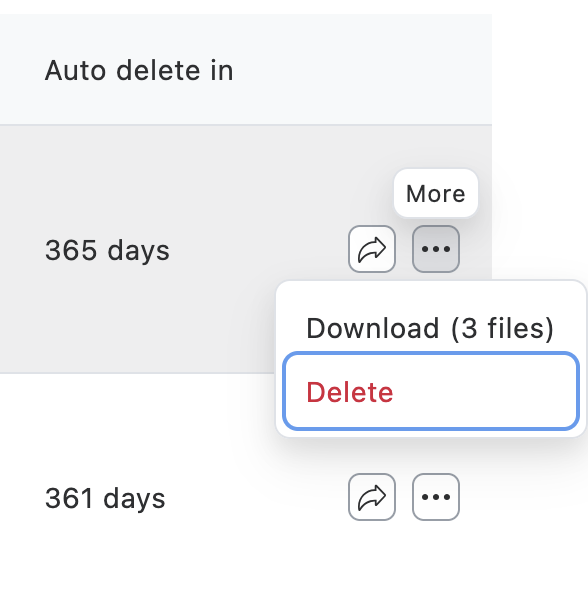 Screenshot of Zoom recording management showing the delete option that appears after clicking the elipsis icon more menu.